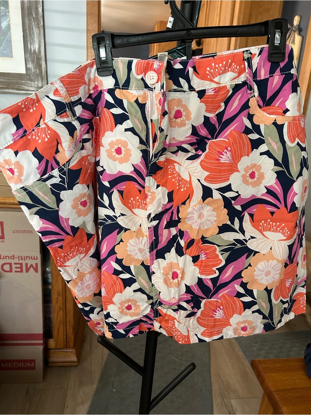 Floral Print A-Line Skirt in Navy and Coral